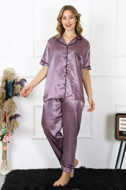 Angelino Kadın Büyük Beden Mor Saten Pijama Takımı 10303 - 3