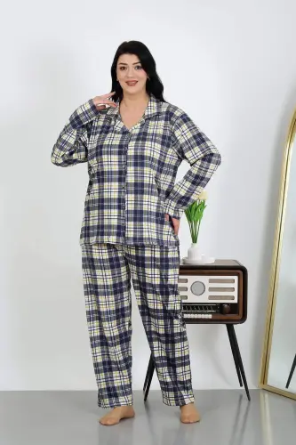 Angelino Kadın Büyük Beden Pamuklu Cepli Düğmeli Lacivert Pijama Takım 202504 - 3