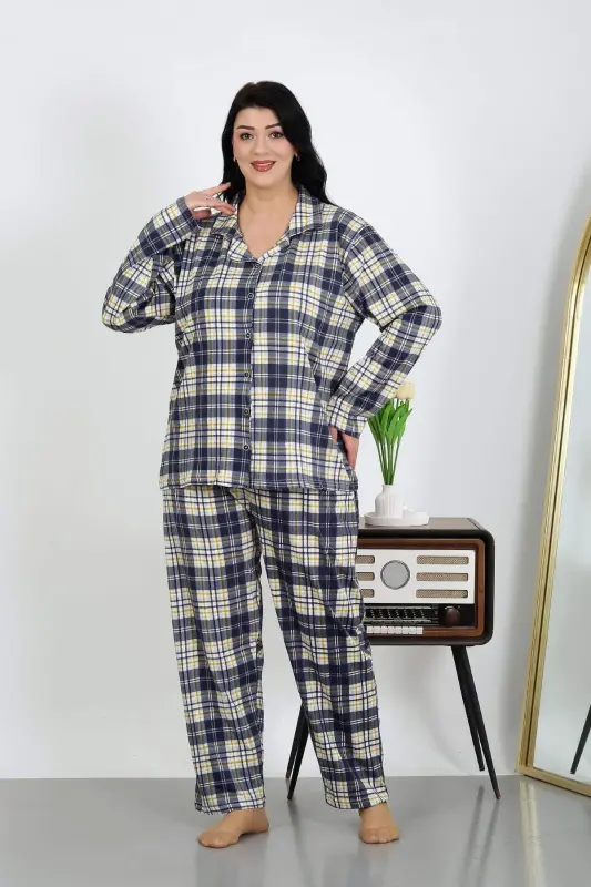 Angelino Kadın Büyük Beden Pamuklu Cepli Düğmeli Lacivert Pijama Takım 202504 - 3