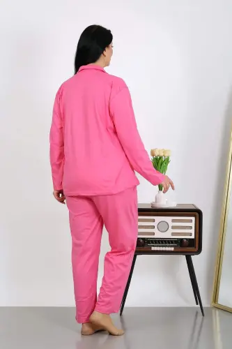 Angelino Kadın Büyük Beden Pamuklu Cepli Düğmeli Pembe Pijama Takım 202504 - 8