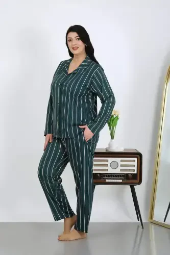 Angelino Kadın Büyük Beden Pamuklu Cepli Düğmeli Petrol Pijama Takım 202504 - 2