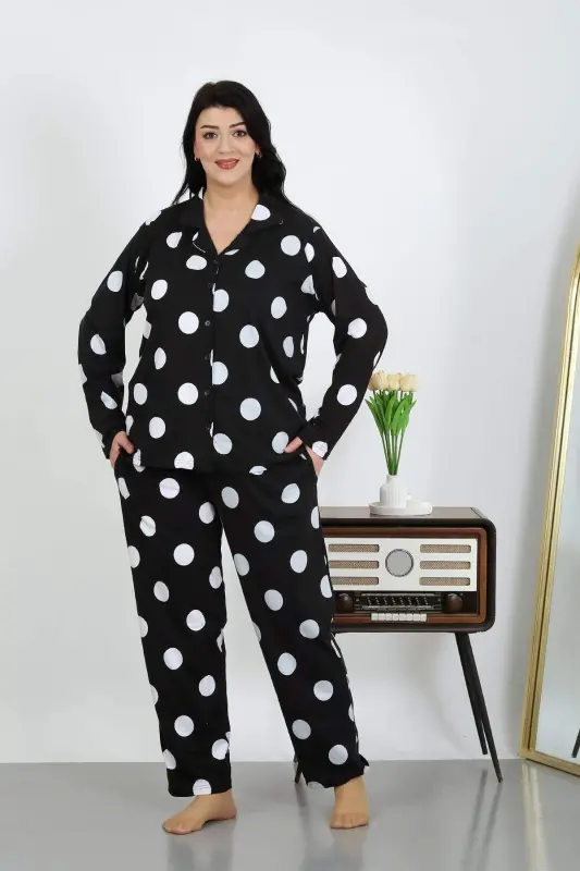 Angelino Kadın Büyük Beden Pamuklu Cepli Düğmeli Siyah Pijama Takım 202504 - BÜYÜKBEDENIZ