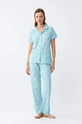 Angelino Kadın Buz Mavisi Yıldız Desenli Önden Düğmeli Pijama Takımı - 5