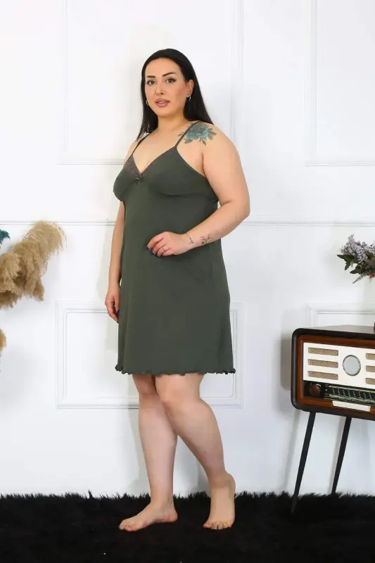 Angelino Kadın Haki Pamuklu İp Askılı Büyük Beden Gecelik 985 - 3