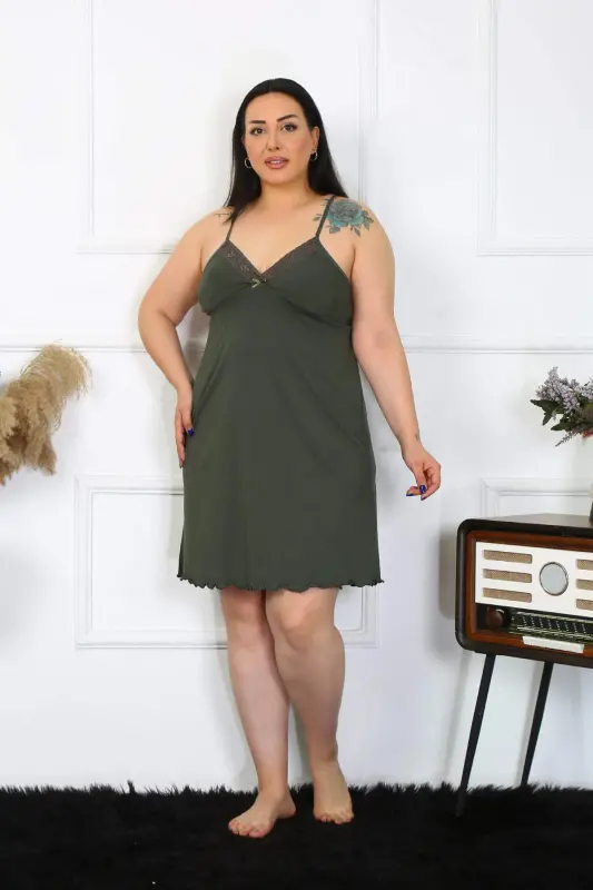 Angelino Kadın Haki Pamuklu İp Askılı Büyük Beden Gecelik 985 - 4