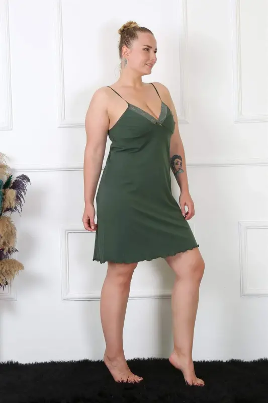 Angelino Kadın Haki Pamuklu İp Askılı Büyük Beden Gecelik 985 - 8