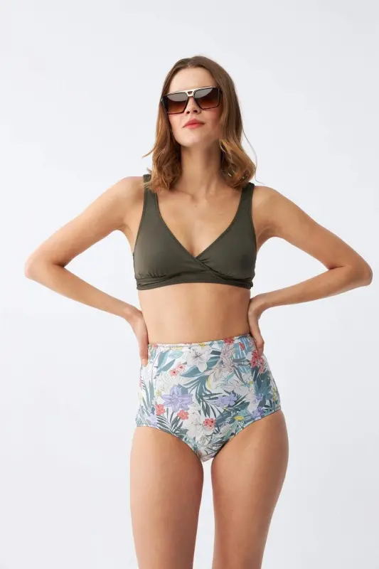 Angelino Kadın Haki Pedli Üst ve Yüksek Bel Çiçek Desenli Bikini Takımı - 3