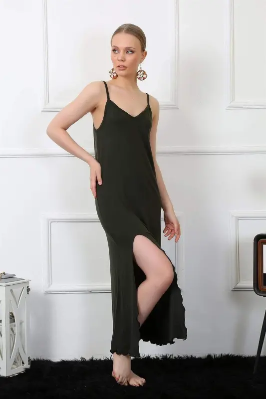 Angelino Kadın İp Askılı Haki Uzun Gecelik 901 - BÜYÜKBEDENIZ