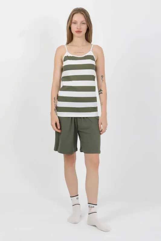 Angelino Kadın İp Askılı Pamuk Penye Şortlu Takım Haki 3634 - 4