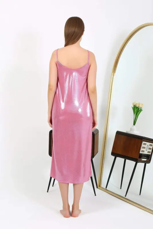 Angelino Kadın İp Askılı Uzun Parlak Micro Elbise Gecelik 7415 Pembe - 5