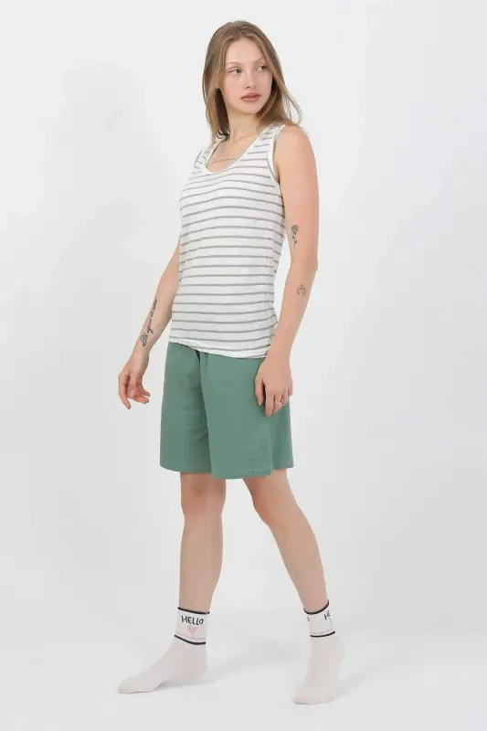 Angelino Kadın Kalın Askılı Pamuk Penye Şortlu Takım Yeşil 3637 - 3