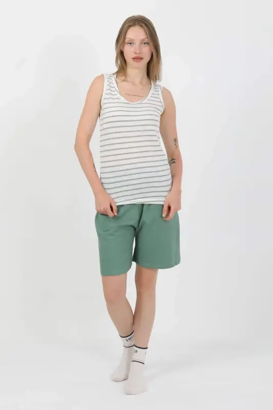 Angelino Kadın Kalın Askılı Pamuk Penye Şortlu Takım Yeşil 3637 - 8