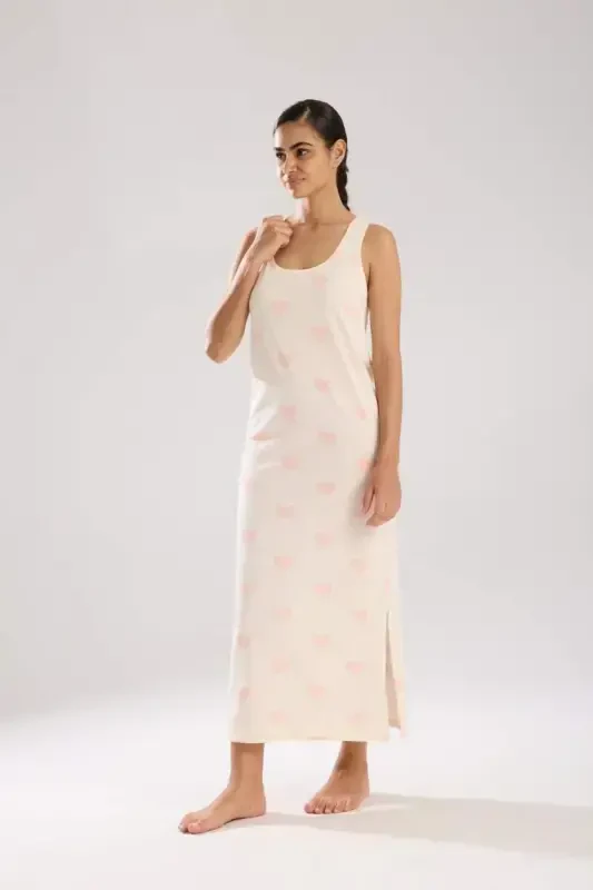 Angelino Kadın Kalın Askılı Yırtmaçlı Uzun Pudra Gecelik - 6