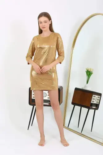 Angelino Kadın Micro Kumaş Mini Parlak Elbise 7420 Sarı - 6