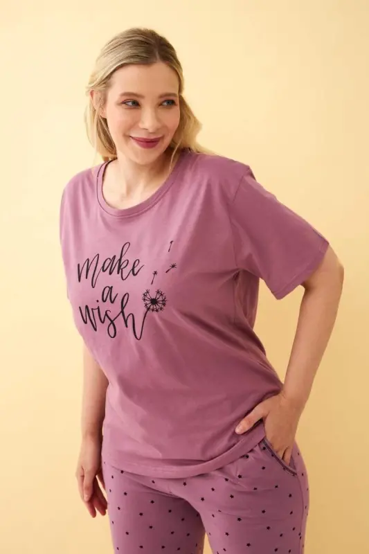 Angelino Kadın Mürdüm “Make a Wish” Yazılı Büyük Beden Kapri Pijama Takımı - 3