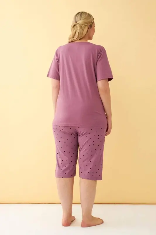 Angelino Kadın Mürdüm “Make a Wish” Yazılı Büyük Beden Kapri Pijama Takımı - 5