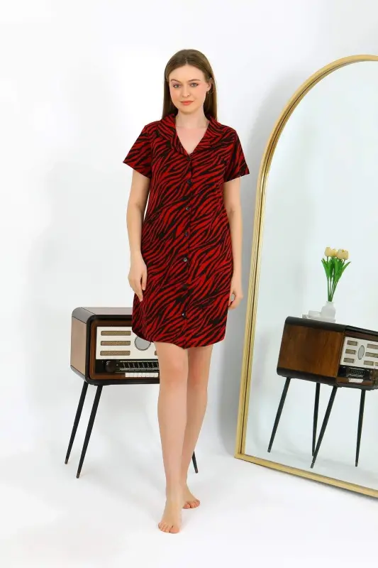 Angelino Kadın Pamuk Penye Kısa Kol Düğmeli Bordo Tunik Gecelik 13112 - 2