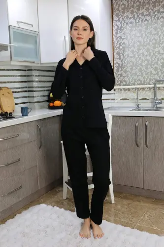 Angelino Kadın Pamuk Penye Önden Düğmeli Uzun Kol Pijama Takım Siyah 2783 - 4