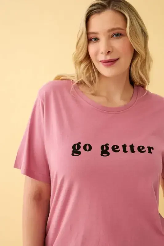 Angelino Kadın Somon Go Getter Yazılı Büyük Beden Pijama Takımı - 2