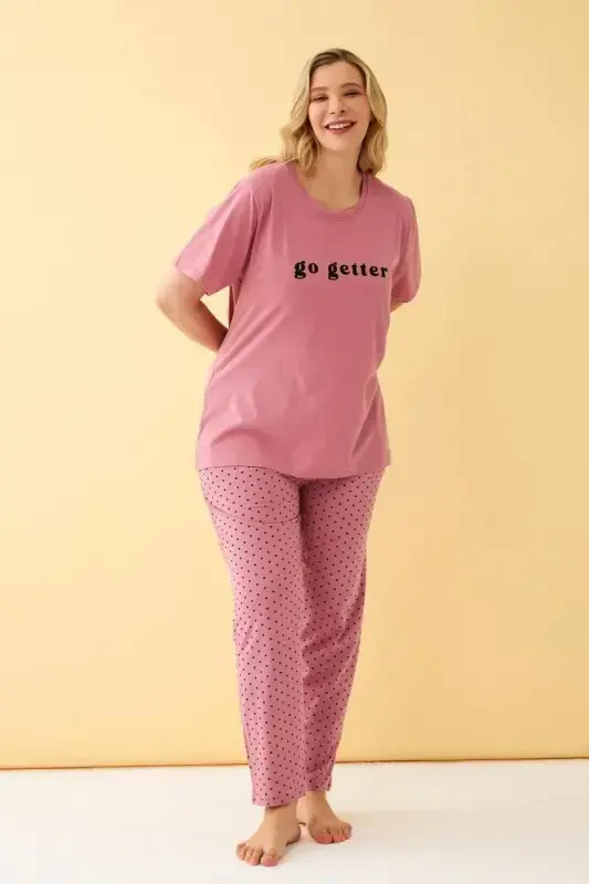 Angelino Kadın Somon Go Getter Yazılı Büyük Beden Pijama Takımı - 4