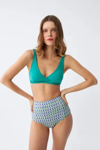 Angelino Kadın Yeşil Pedli Geometrik Desenli Yüksek Bel Bikini Takımı - 5