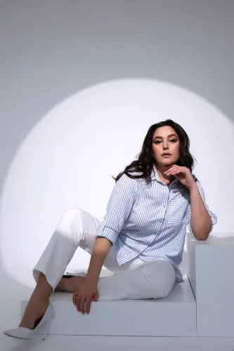 Angelino Katta Hajmli Movi Chiziqli Bitta Cho'ntakli Ko'ylak - 5