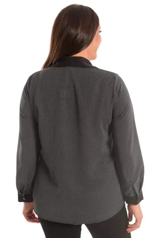 Angelino katta o'lchamdagi qora yo'lli cho'ntakli ko'ylak - 6