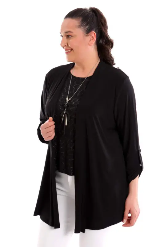Angelino Katta O'lchamli Ichki Bluzka Yaltiroq Qora Ikki Qismli To'plam - 1