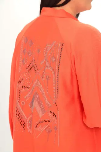 Angelino Katta O'lchamli Orqa Tarafida Toshli Bosma Naqshli Oversize Oranj Kurtka - 5