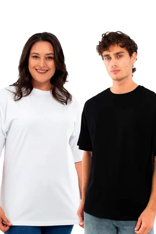 Angelino Katta O'lchamli Unisex Oversize Dumaloq Yoqa Basic Qora-Oq futbolka / Qulay 2-talik to'plam - BÜYÜKBEDENIZ
