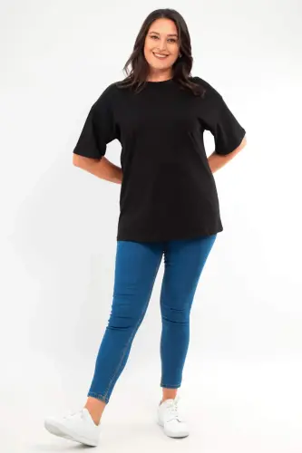 Angelino Katta O'lchamli Unisex Oversize Dumaloq Yoqa Basic Qora-Oq futbolka / Qulay 2-talik to'plam - 10