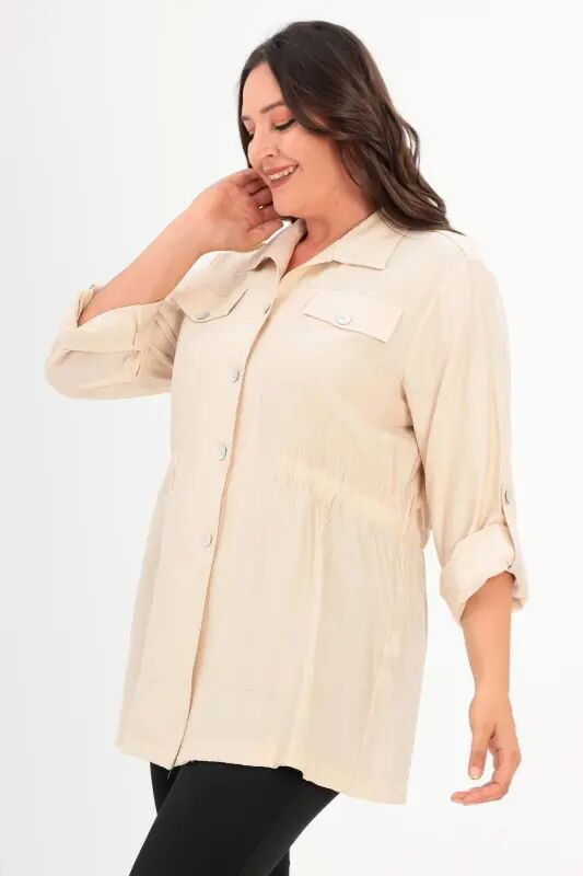 Angelino Katta Razm Yelka Epauletli Cho'ntak Qopqoqli Bej Trençkot - 3