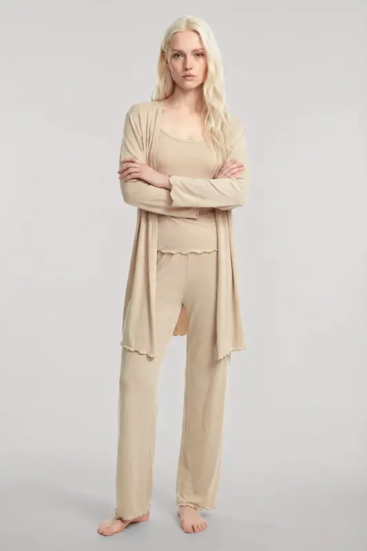 Angelino Kısa Kimono 3'lü Takım Bej - 1