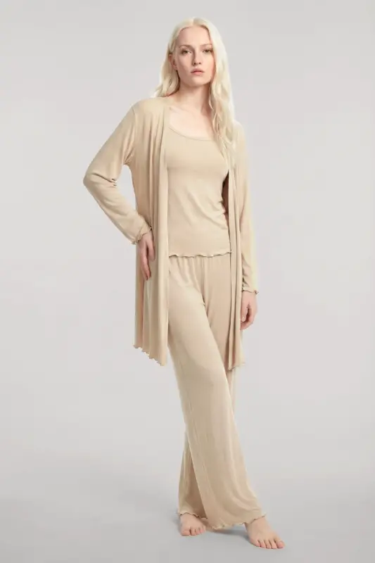 Angelino Kısa Kimono 3'lü Takım Bej - 2