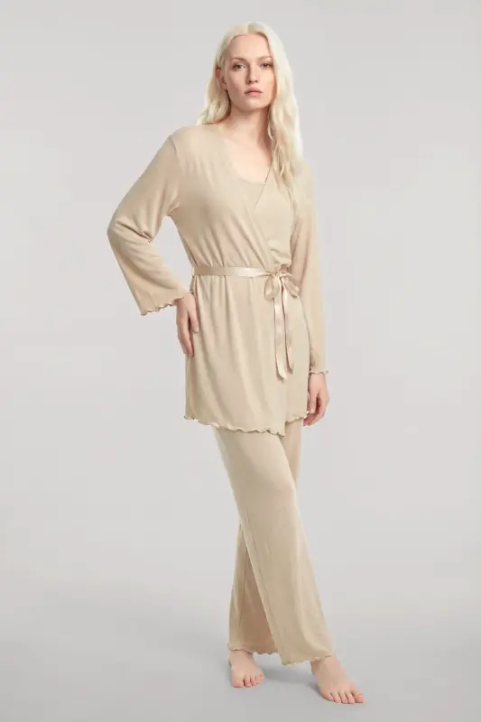 Angelino Kısa Kimono 3'lü Takım Bej - 3