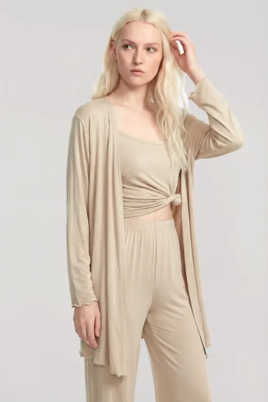 Angelino Kısa Kimono 3'lü Takım Bej - 4