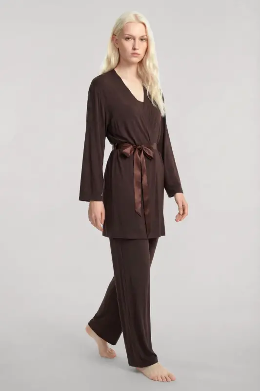 Angelino Kısa Kimono 3'lü Takım Kahve - BÜYÜKBEDENIZ