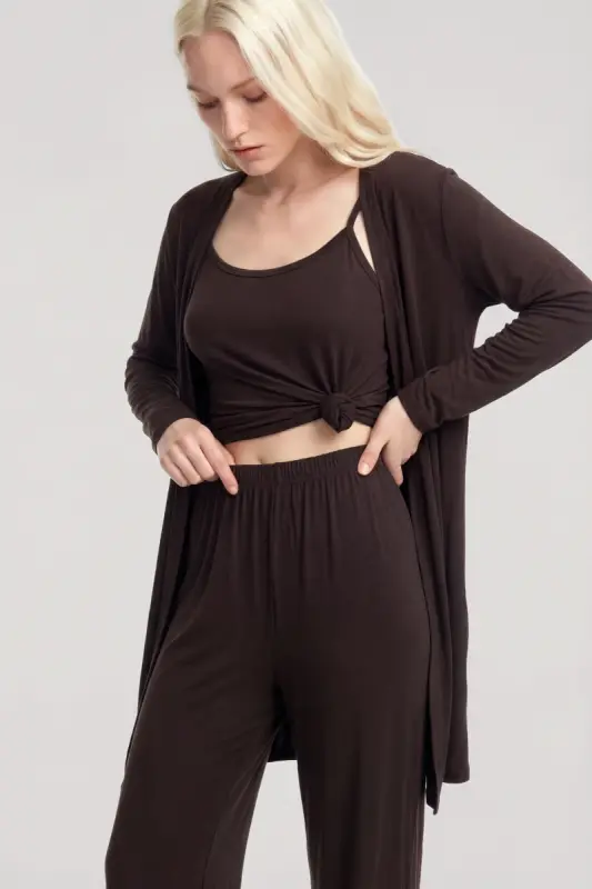 Angelino Kısa Kimono 3'lü Takım Kahve - 8