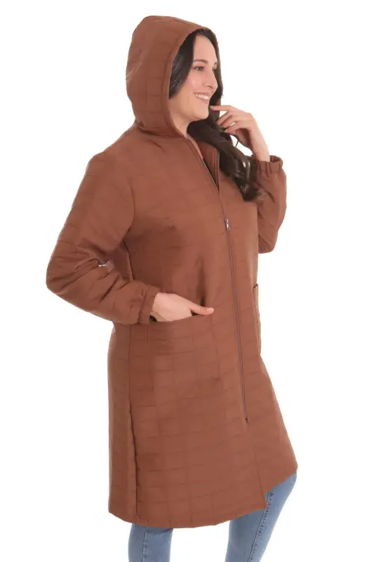 Angelino Large Check Patterned Brown Zippered Coat - 2