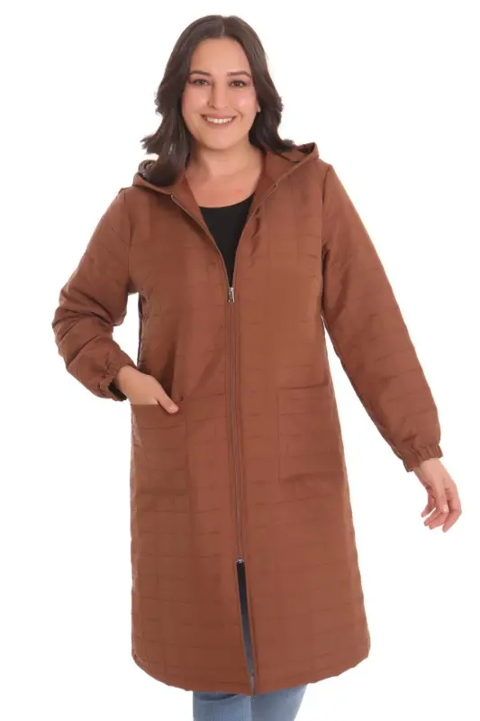 Angelino Large Check Patterned Brown Zippered Coat - 5