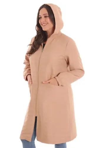 Angelino Büyük Kareli Desen Fermuarlı Bej Kap - 4