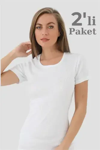 Angelino Lingerie ayollar uchun oq rangli qisqa qo'lli, qovurg'ali futbolkalar 2-pak - 1