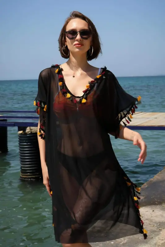 Angelino Lingerie ayollar uchun qora rangdagi 38045 raqamli tikilgan tunik pareo plyaj libosi - 4