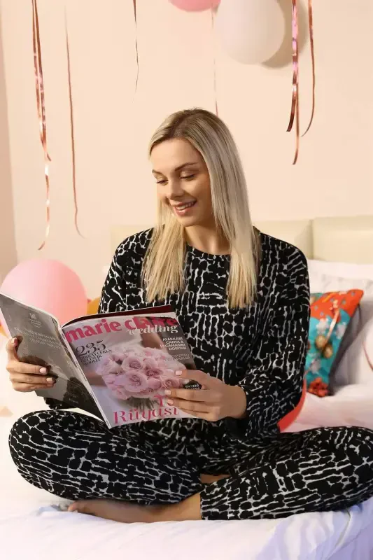 Angelino Lingerie ayollar uzun qoʻlli 3 ipli paxta toʻqima pijama toʻplami 4180 - 5