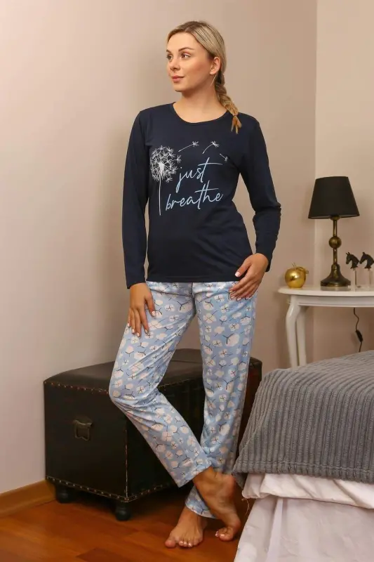 Angelino Lingerie ayollarining paxta mato uzun qo'lli piжаma to'plami 4189 - 7