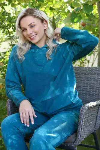 Angelino Lingerie Women's Cotton Hooded Pocket Three-Yarn Turquoise Tracksuit 9037 - 4