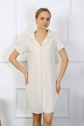 Angelino Lingerie Women's Cotton Linen Short Sleeve Button Down Cream Tunic Nightgown 13108 - 2