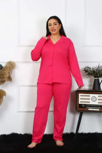 Angelino Lingerie Women's Plus Size Cotton Pocket Button Up Fuchsia Pajama Set - 3