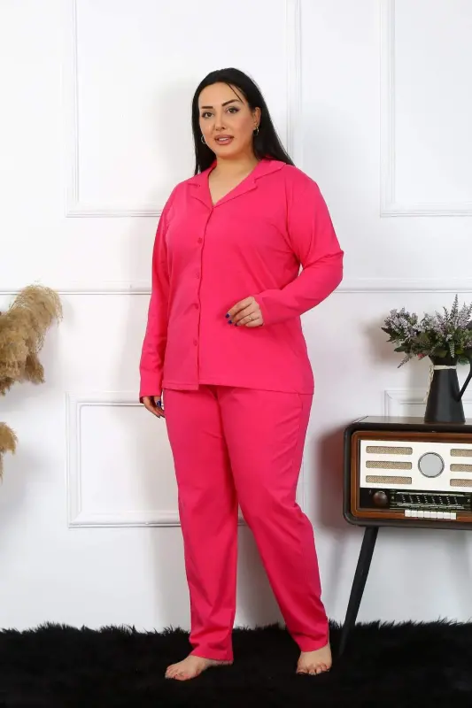 Angelino Lingerie Women's Plus Size Cotton Pocket Button Up Fuchsia Pajama Set - 5
