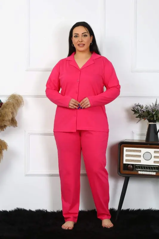Angelino Lingerie Women's Plus Size Cotton Pocket Button Up Fuchsia Pajama Set - BÜYÜKBEDENIZ